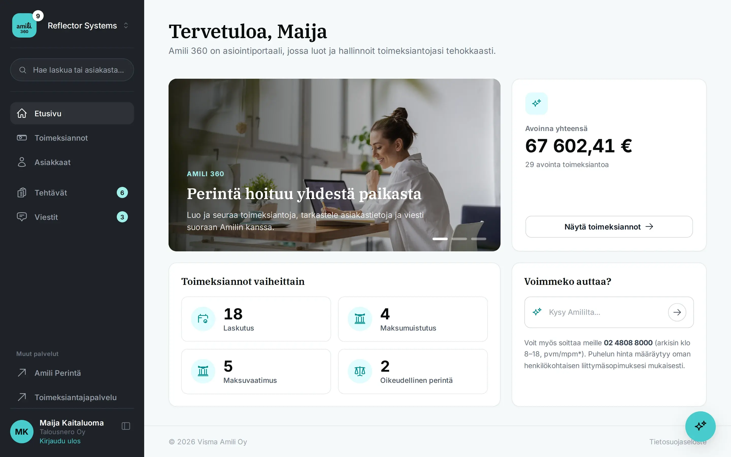 Amili 360 -portaalin etusivu: avoimet toimeksiannot yhteensä, toimeksiannot vaiheittain ja Kysy Amililta -tekoälyavustaja.